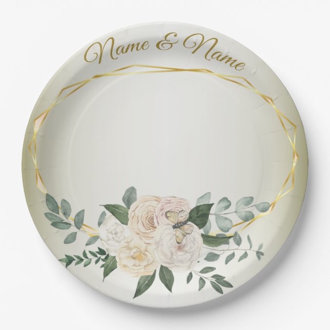 Wedding Greenery Leaves Pink Floral Gold Geometric Paper Plate (Front)