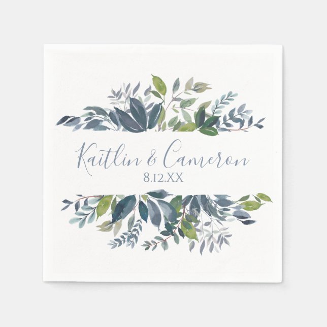 Wedding Greenery Napkins | Typography (Dusty Blue) (Front)