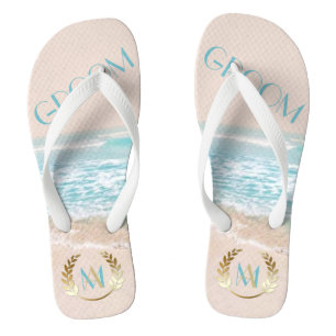 Wedding Groom FlipFlops   Modern Monogram Beach