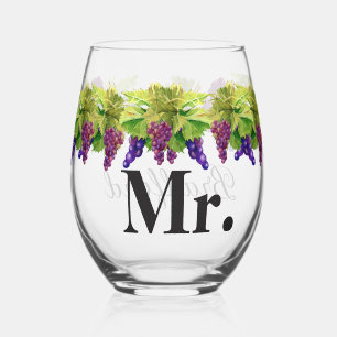 Wedding Groom's Name Mr.  Watercolor Grapes Stemless Wine Glass