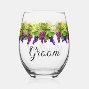 Wedding Groom's Name Mr.  Watercolor Grapes Stemless Wine Glass