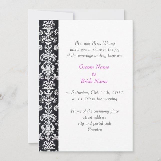 wedding, Groom's parents invitation black damask (Front)
