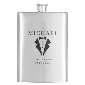 Wedding GROOMSMAN Personalised Name & Date Tuxedo Hip Flask