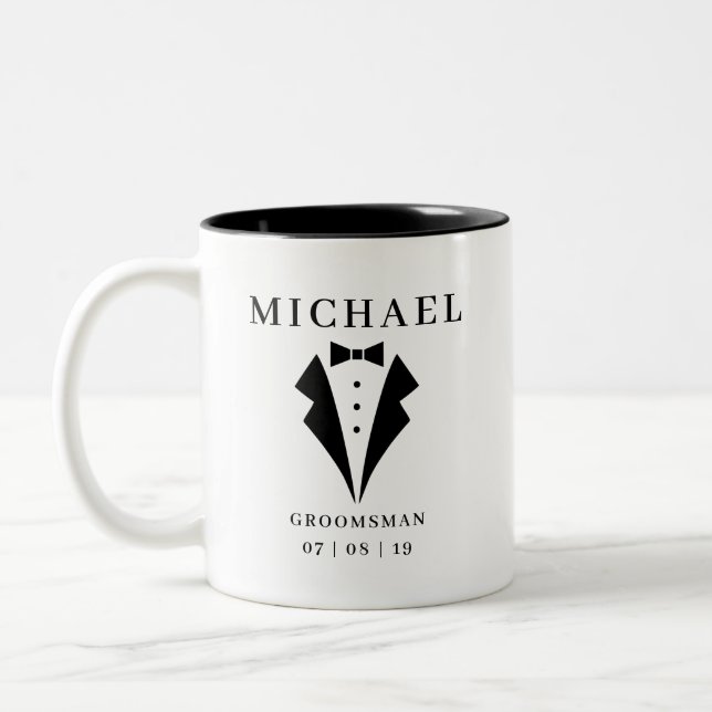 Wedding GROOMSMAN Personalised Name & Date Tuxedo Two-Tone Coffee Mug (Left)