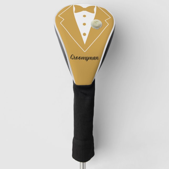 Wedding Groomsmen Gold Tuxedo with White Flower Golf Head Cover (Front)