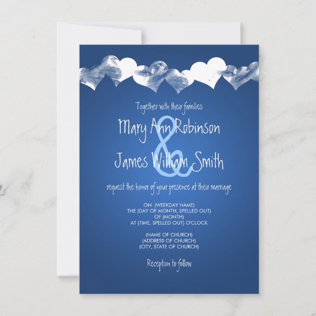 Wedding Grunge Hearts Blue Invitation (Front)