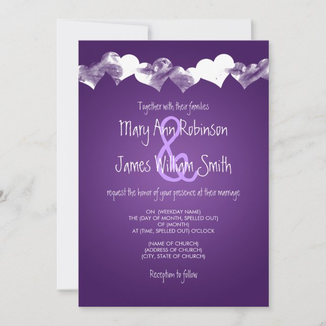Wedding Grunge Hearts Purple Invitation (Front)