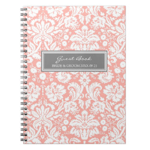 Wedding Guest Book Coral Grey Damask Notebook