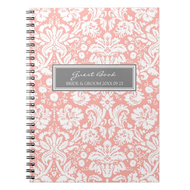 Wedding Guest Book Coral Grey Damask Notebook (Front)