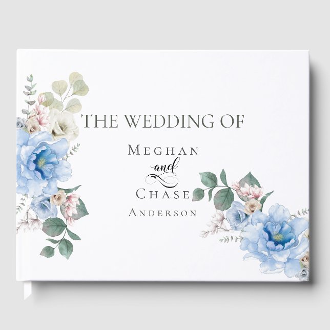 Wedding Guest Book | Elegant Tropical Blue Flowers (Front)