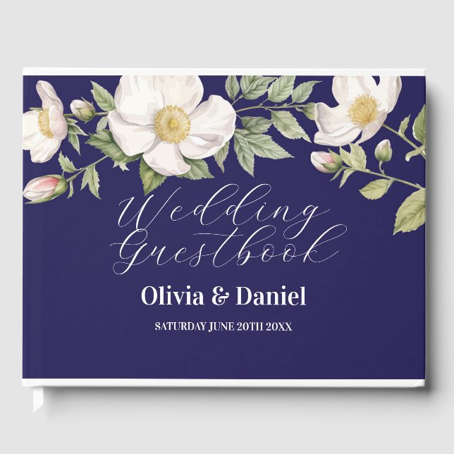Wedding Guest Book Floral Cream Navy Elegant (Front)