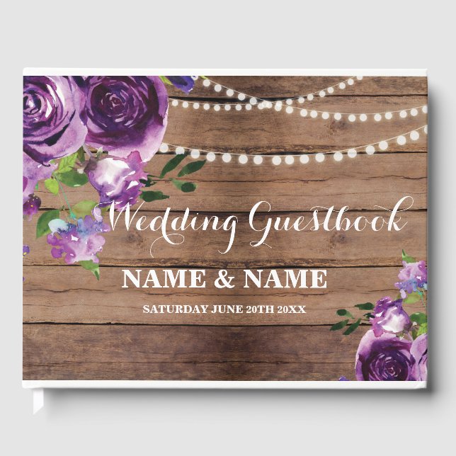 Wedding Guest Book Floral Purple Flowers Wood (Front)