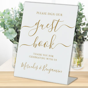 Wedding Guest Book Gold Elegant Calligraphy Pedestal Sign