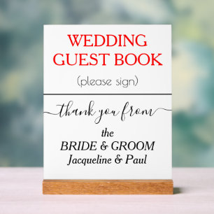 Wedding Guest Book NAMES White Red Acrylic Sign