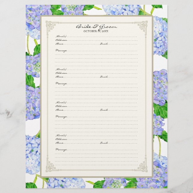 Wedding Guest Book Page Blue Hydrangea Lace Floral (Front)