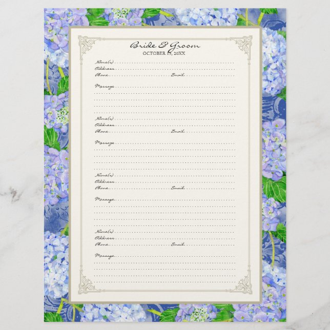 Wedding Guest Book Page Blue Hydrangea Lace Floral (Front)