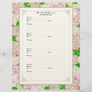 Wedding Guest Book Page Pink Hydrangea Lace Floral