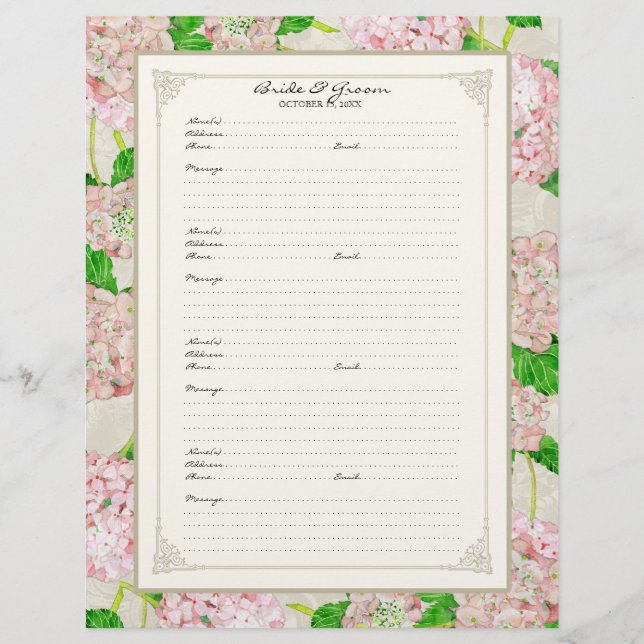 Wedding Guest Book Page Pink Hydrangea Lace Floral (Front)