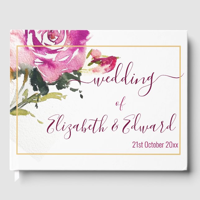 Wedding Guest Book - Pink Rose Watercolour Gold (Front)
