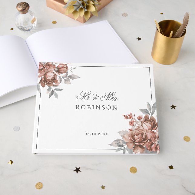 Wedding Guest Book Rose Gold Rustic Floral  (Front Open)