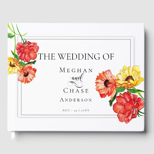 Wedding Guest Book | Watercolor Floral Red Yellow (Front)