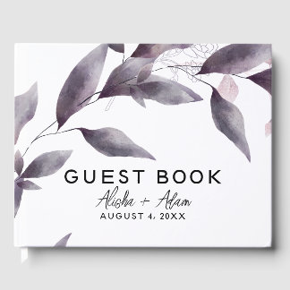 Wedding Guest Book With Purple Watercolor Leaves