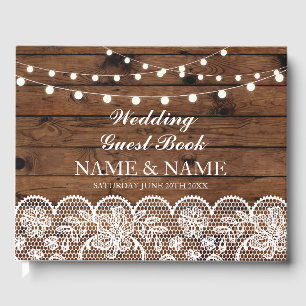 Wedding Guest Book Wood Lace Rustic Lights