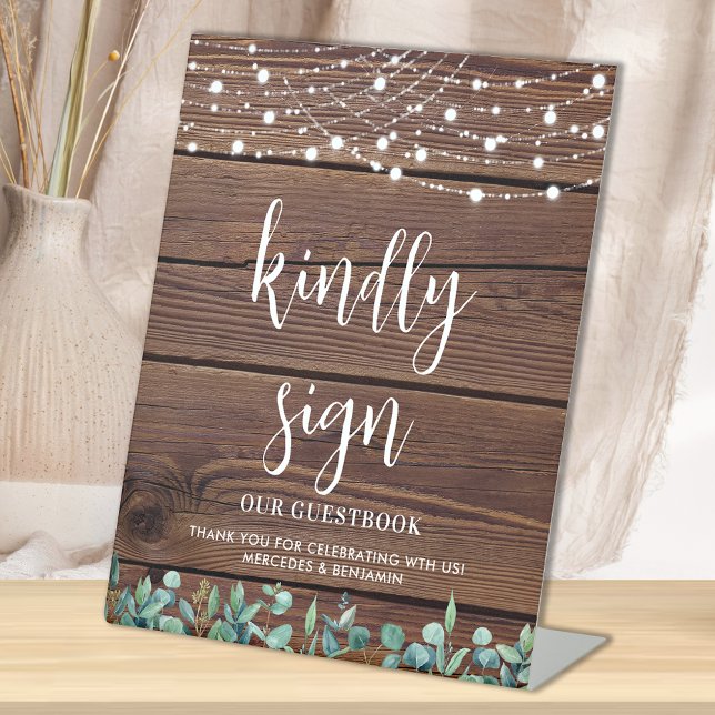 Wedding Guest Rustic Wood Greenery String Lights  Pedestal Sign (Creator Uploaded)