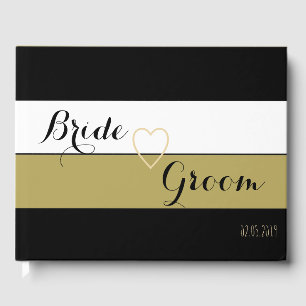 Wedding Guestbook Black Gold White Stripes Pattern