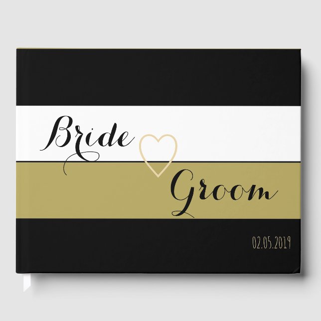 Wedding Guestbook Black Gold White Stripes Pattern (Front)