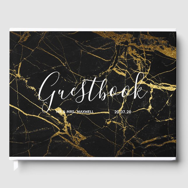 Wedding Guestbook | Black Marble Gold Chic (Front)