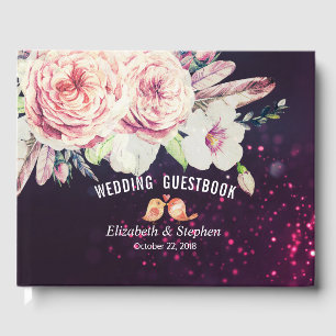 Wedding Guestbook Boho Floral Feather Purple Light