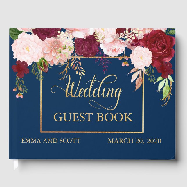 Wedding Guestbook Burgundy Navy Gold Flower (Front)