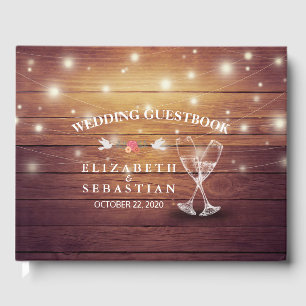 Wedding Guestbook Champagne Glasses Wood Lights
