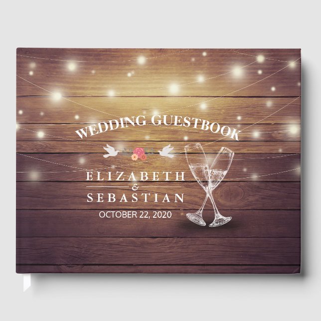 Wedding Guestbook Champagne Glasses Wood Lights (Front)