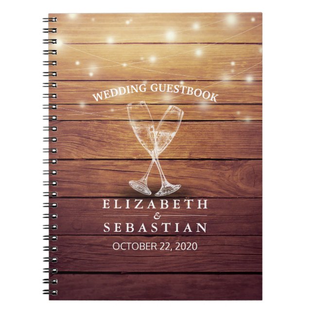 Wedding Guestbook Champagne Glasses Wood Lights Notebook (Front)
