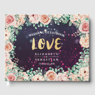 Wedding Guestbook Chic Floral Purple Sparkle Light