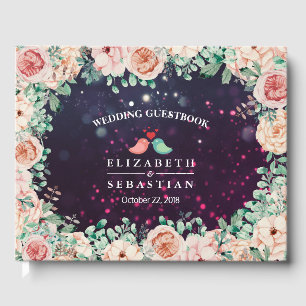Wedding Guestbook Chic Floral Purple Sparkle Light