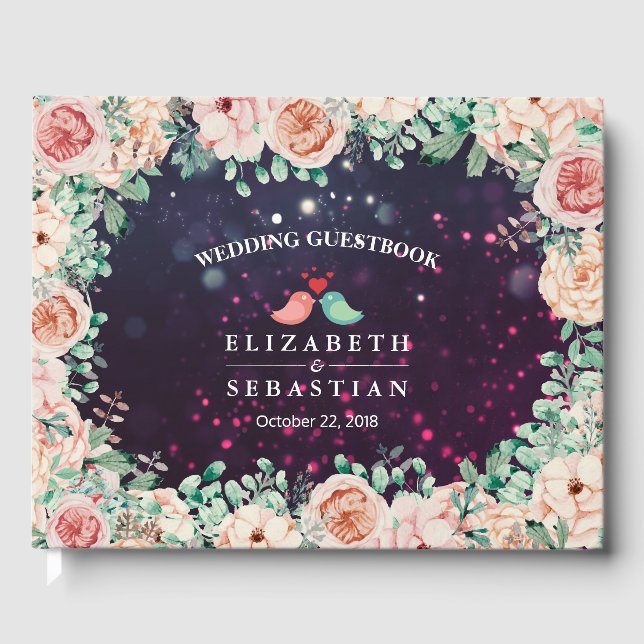 Wedding Guestbook Chic Floral Purple Sparkle Light (Front)