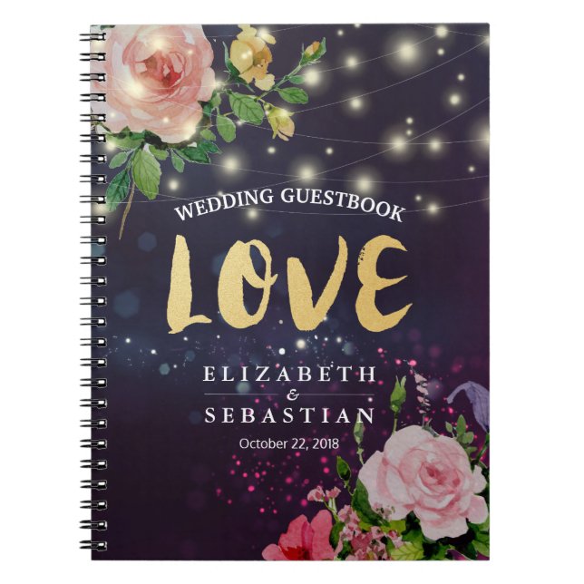 Wedding Guestbook Chic Floral Purple Sparkle Light Spiral Notebook (Front)