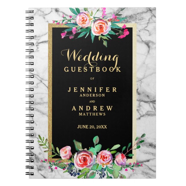 Wedding Guestbook Chic Gold Marble Pink Floral Spiral Notebook (Front)