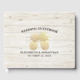 Wedding Guestbook Chic Gold Pineapples Rustic Wood