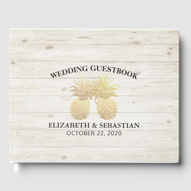 Wedding Guestbook Chic Gold Pineapples Rustic Wood (Front)