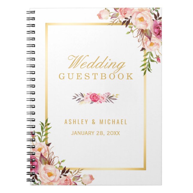 Wedding Guestbook - Elegant Chic Gold Pink Floral Spiral Notebook (Front)