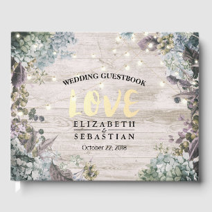 Wedding Guestbook Floral String Lights Rustic Wood
