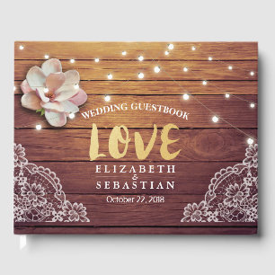 Wedding Guestbook Floral String Lights Wood Lace
