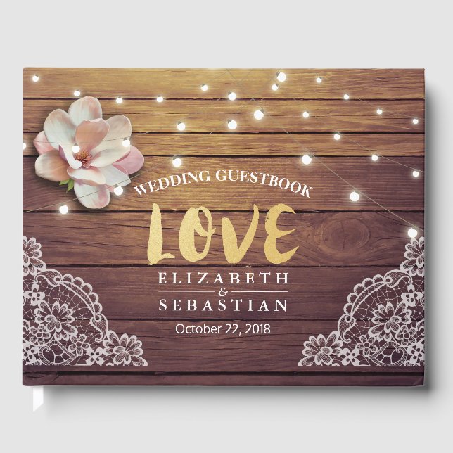 Wedding Guestbook Floral String Lights Wood Lace (Front)