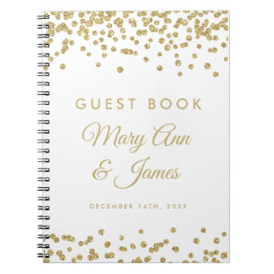 Wedding Guestbook Gold Faux Glitter Confetti White Spiral Notebook