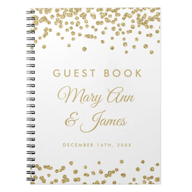 Wedding Guestbook Gold Faux Glitter Confetti White Spiral Notebook (Front)