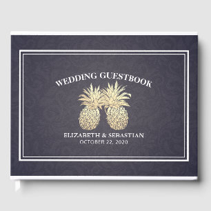 Wedding Guestbook Gold Pineapple Couple Navy Blue